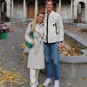 Wool Trench Coat, Cream/Grey, size XS